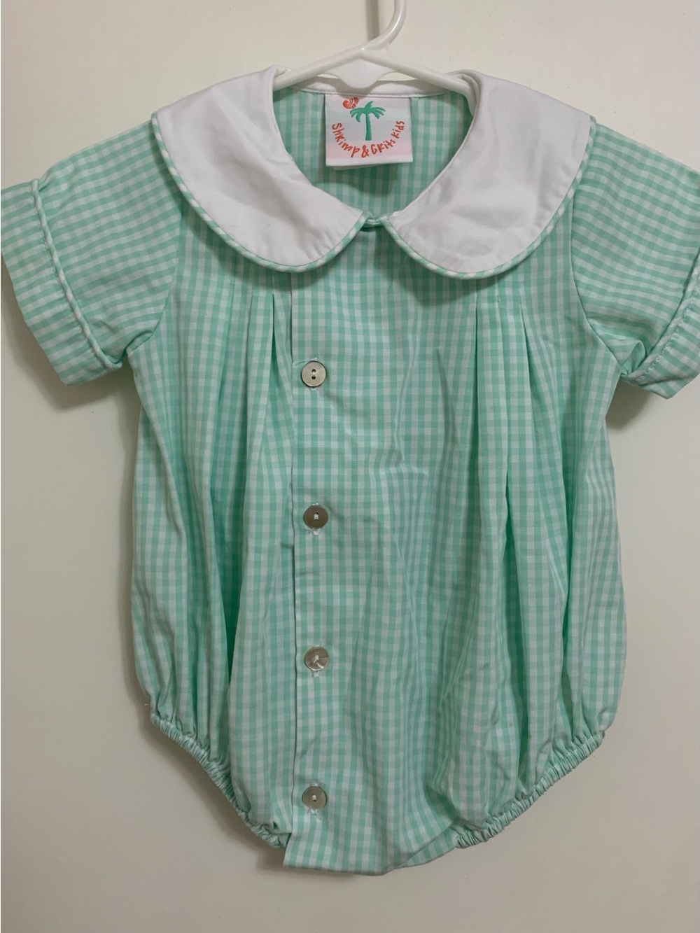 Shrimp and Grits Kids Green Gingham Peter Pan Collar Bubble - 3M